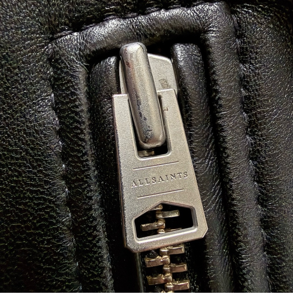 ALLSAINTS Black Leather Moto Jacket Ruffle Sleeve Detail Biker Belted Medium - Picture 6 of 7